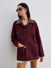 Suede Effect Contrast Collar Pockets Jacket