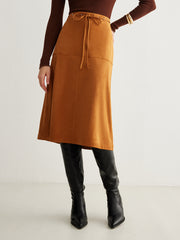 Drawstring Back-Zipper Suede Effect Skirt