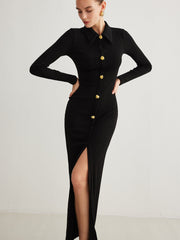 Metal Button-Down Split Lapel Dress