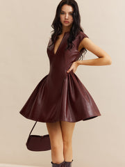 Faux Leather Panel Pleated Dress