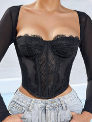 Sheer Long Sleeve Sweetheart Lace Skinny T-Shirt