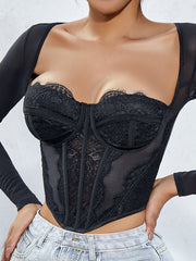 Sheer Long Sleeve Sweetheart Lace Skinny T-Shirt