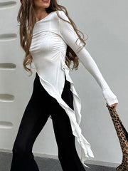 Semi-Sheer Pleated Ruffle Tassel Jersey Top