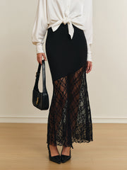 Semi-Sheer Lace Panel Jersey Skirt