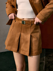 Suede Effect Pleated Pockets Skirt With Belt