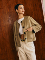 Large Pockets Breasted Suede Effect Jacket