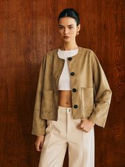 Large Pockets Breasted Suede Effect Jacket