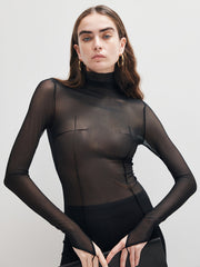 Mock Neck Sheer Mesh Thin T-Shirt