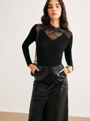 Sheer Lace Detail Slim Knit Top