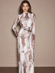 Semi-Sheer Dye Printed Mesh Dress Without Belt