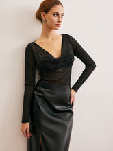 Semi-Sheer Cowl Neck Sequins Thin Blouse