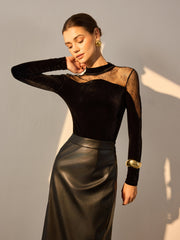 Sheer Lace Panel Velvet Slim Blouse