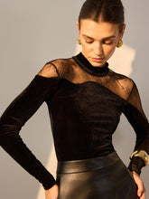 Sheer Lace Panel Velvet Slim Blouse