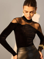 Sheer Lace Panel Velvet Slim Blouse