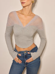 V-Neck Sheer Mesh-Shoulder Crop T-Shirt