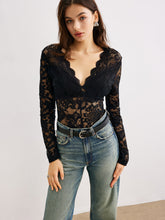 Wave Trim Sheer Lace Panel Bodysuit