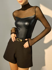 Faux Leather Panel Sheer T-Shirt