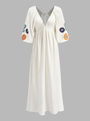 Semi-Sheer Embroidery V-Neck Floral Dress