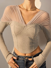 V-Neck Sheer Mesh-Shoulder Crop T-Shirt