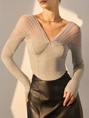 V-Neck Sheer Mesh-Shoulder Crop T-Shirt