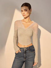 V-Neck Sheer Mesh-Shoulder Crop T-Shirt