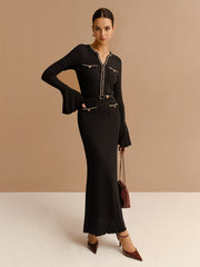 Elegant Contrast Binding Ruffle Slim Dress Without Belt