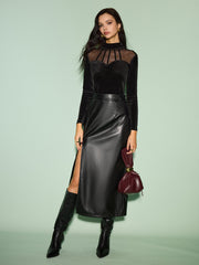 Semi-Sheer Stand Collar Mesh-Detail Velvet Top