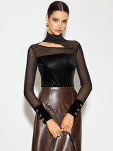 Semi-Sheer Stand Collar Cutout Mesh-Detail Velvet Top