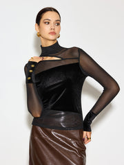 Semi-Sheer Stand Collar Cutout Mesh-Detail Velvet Top