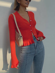 Ruffled Trim Button-Front Long Sleeve Cardigan