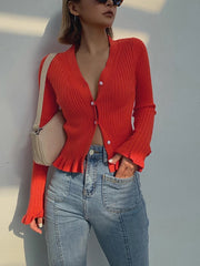 Ruffled Trim Button-Front Long Sleeve Cardigan