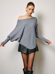 Oversized Asymmetrical Neck Leg-Of-Mutton Sleeve Sweater