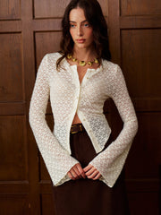 Semi-Sheer Bell Sleeve Button Down Slim Blouse