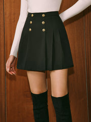 Mid-Waist Metal-Detail Pleated Skirt