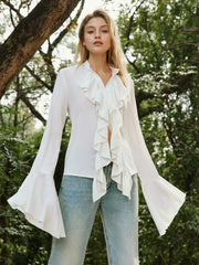 Semi-Sheer Button Ruffle Thin Blouse