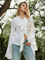 Semi-Sheer Button Ruffle Thin Blouse