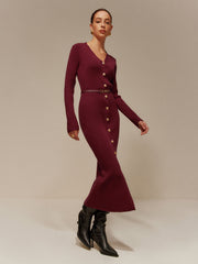 V-Neck Breasted Belted Sweater Long Dress