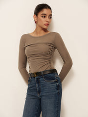 Semi-Sheer Long Sleeve Pleated Slim Panel T-Shirt