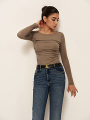 Semi-Sheer Long Sleeve Pleated Slim Panel T-Shirt