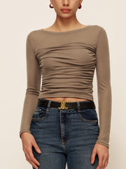 Semi-Sheer Long Sleeve Pleated Slim Panel T-Shirt