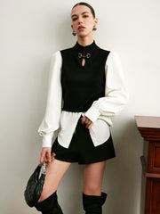 2 in 1 Color Block Metal-Detail Knit Top