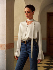V-Neck Satin Pleated Blouse With Ribbon
