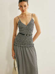 Shirred V-Neck Sleeveless Pleated Dress