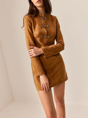 Suede Effect Metal-Detail Short Dress