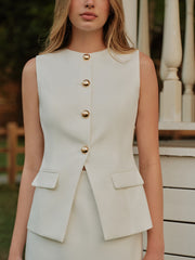 Elegant Metal Button Split Vest and Skirt Set