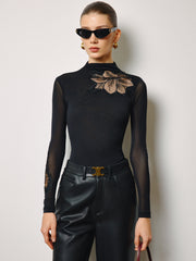 Semi-Sheer Mesh-Floral Slim Jersey Top