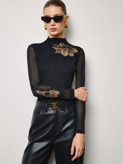 Semi-Sheer Mesh-Floral Slim Jersey Top