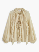 Semi-Sheer Metal Detail Chiffon Ruffled Blouse