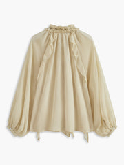 Semi-Sheer Metal Detail Chiffon Ruffled Blouse