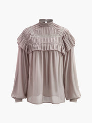 Semi-Sheer Button Pleated Chiffon Blouse